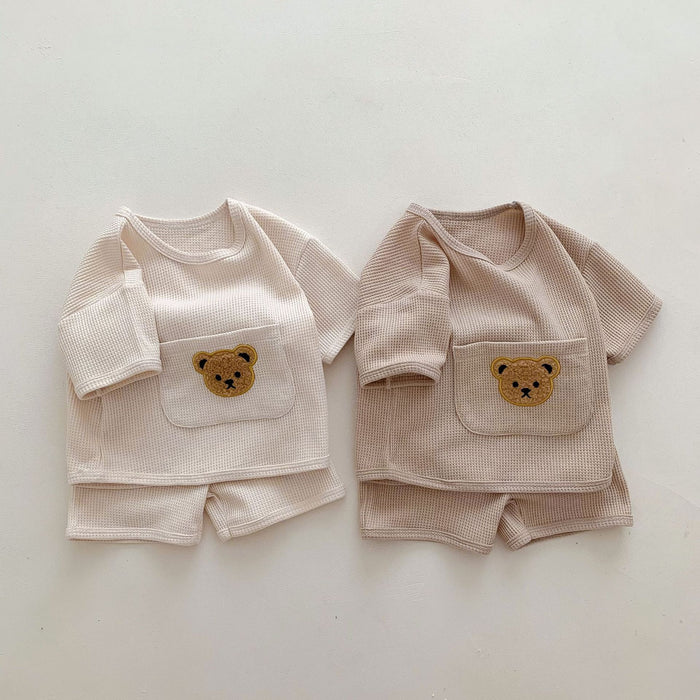 Wholesale Summer Waffle Big Pocket Bear Tops Shorts Baby Clothes JDC-BC-WeiNiS016