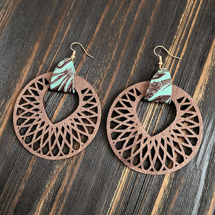 Wholesale Retro wooden earrings hollow Mandala exaggerated texture earrings