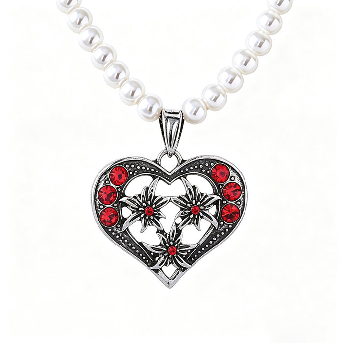 Wholesale Vintage Red Heart Edelweiss Choker Necklace With Rhinestones And Faux Pearl Beads Chic Party Fashion Accessory
