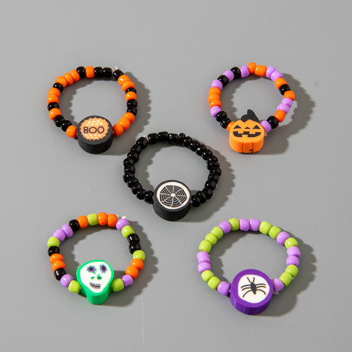 Wholesale Resin  Pumpkin Beaded Ring Set - Funny Skull  Design Unisex Fashion Accessory MOQ≥2