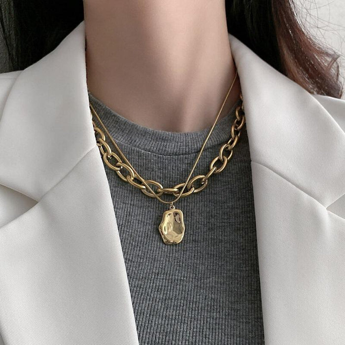 Wholesale Irregular pendant, double-layer titanium steel thick necklace, women's niche design, sweater chain