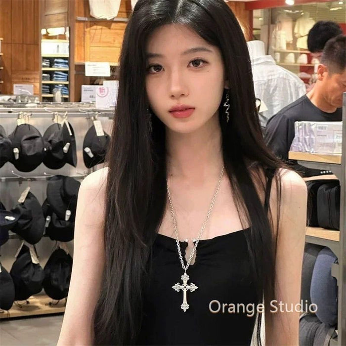 Wholesale Small niche design silver cross long retro necklace neck accessory
