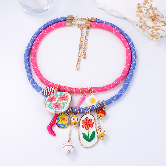 Wholesale Plumeria Flower Coral Pendant Geometric Double-Layer Necklace for Women