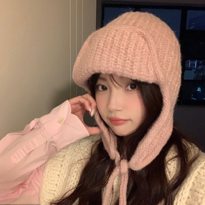 Wholesale Shown face small solid color lace-up knitted wool version of the artifact flight cap warm ear protection student cap