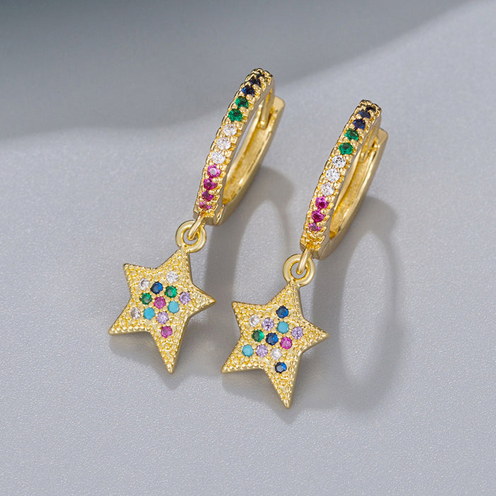 Wholesale gold and diamond five-pointed star earrings,  rainbow zircon star pendant earrings,  light luxury vacation style,  versatile earrings