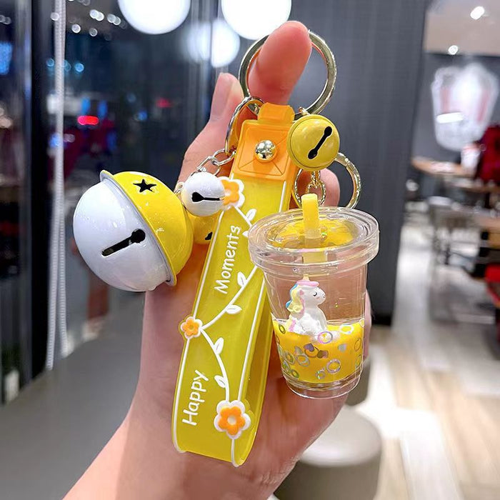 Wholesale Cute milk tea cup unicorn oil quicksand key chain rainbow horse bag hanging ornaments grab baby machine small gifts