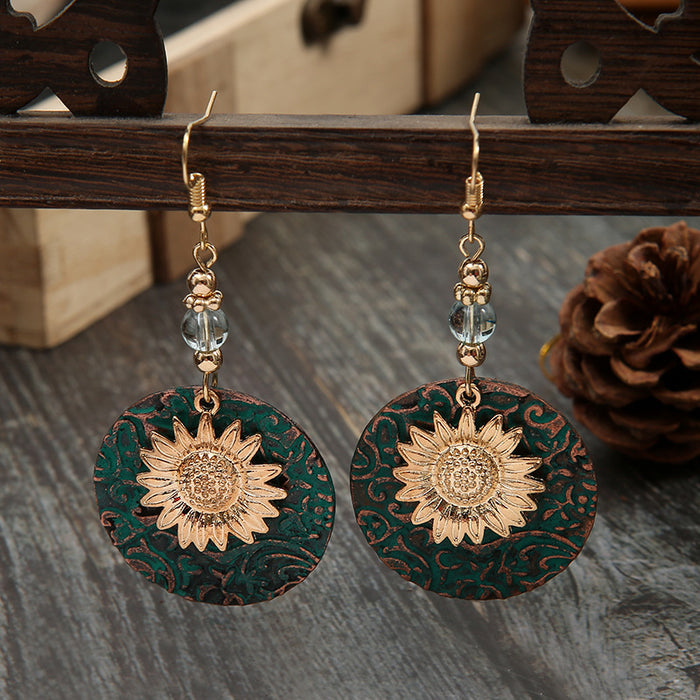 Wholesale New retro color separated double-layer sunflower pattern earrings, retro fashion earrings