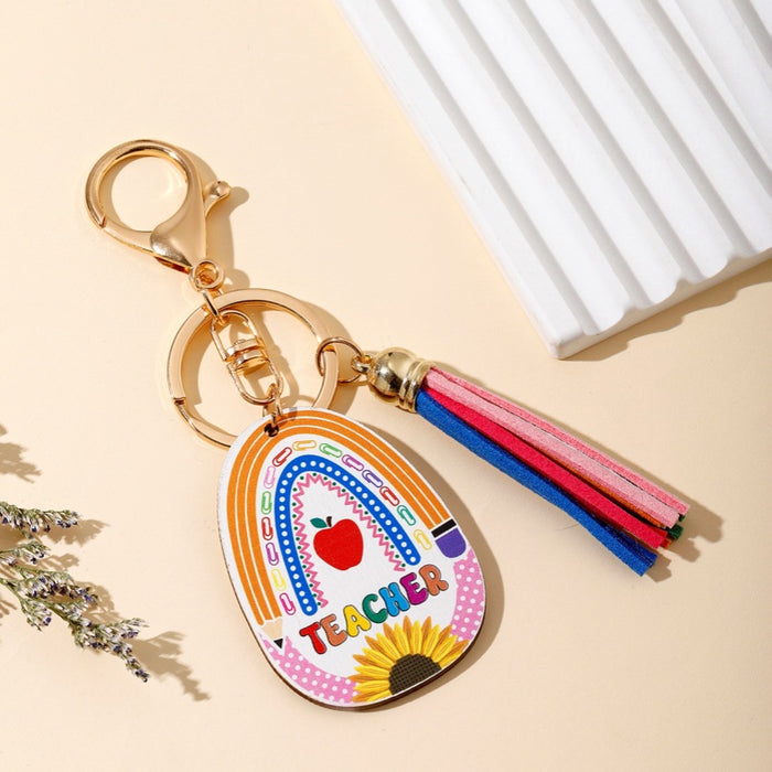 Wholesale Graduation Season Teacher Rainbow Wooden Sign Tassel Keychain JDC-KC-WoD003