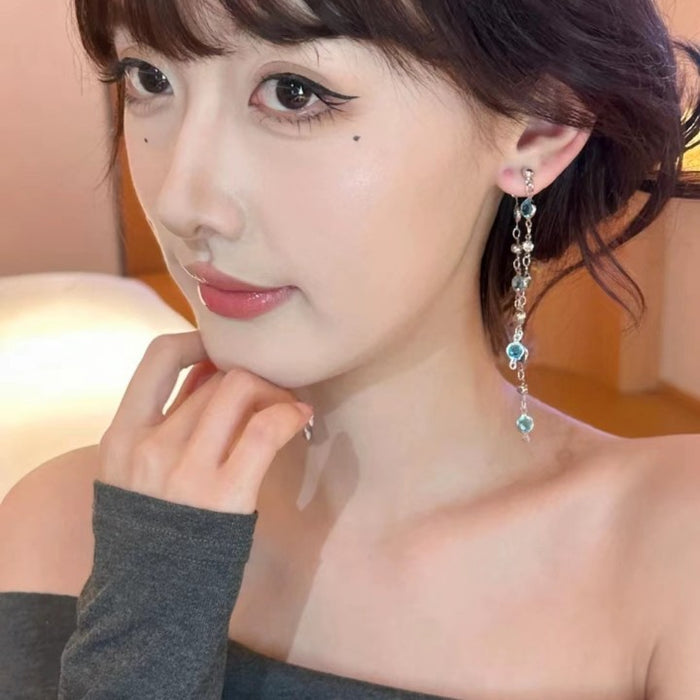 Wholesale Glacier blue crystal tassel earrings long style, light luxury and versatile design earrings