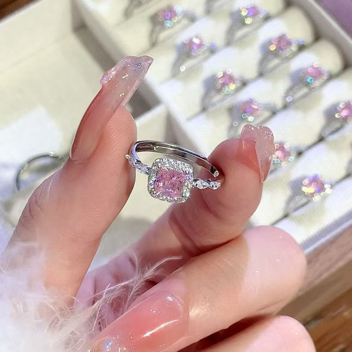 Wholesale Fashion Adjustable Pink Diamond Sugar Cube Ring Stylish Geometric Desig