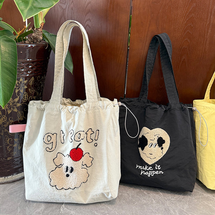 Wholesale New cartoon embroidery drawstring shoulder bag, casual canvas bag, large capacity commuting bag