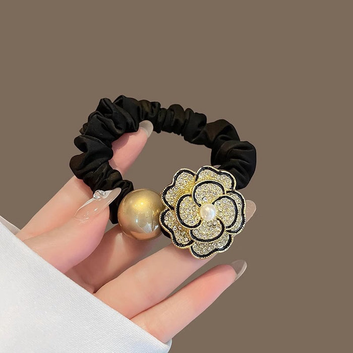 Wholesale Hairband exquisite camellia rhinestone hairband versatile retro high elastic ponytail ball hair band