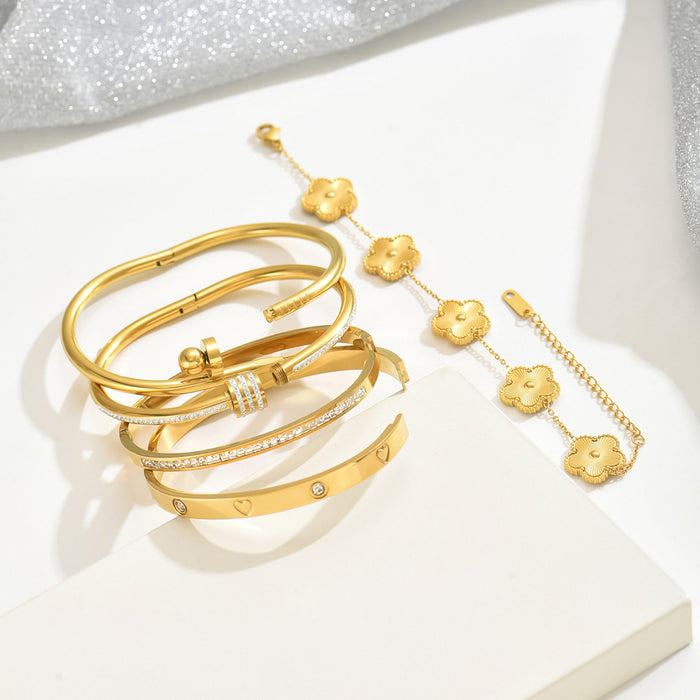 Wholesale Gold Tone Titanium Steel  Bangle Set With Rhinestone Row Trendy Jewelry Accessory For Party Or Everyday Gift