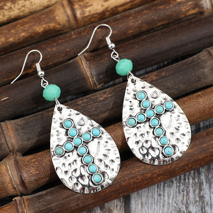 Wholesale Drop-Shaped Hammered Bohemian Earrings Inlaid with Synthetic Turquoise Cross Earrings