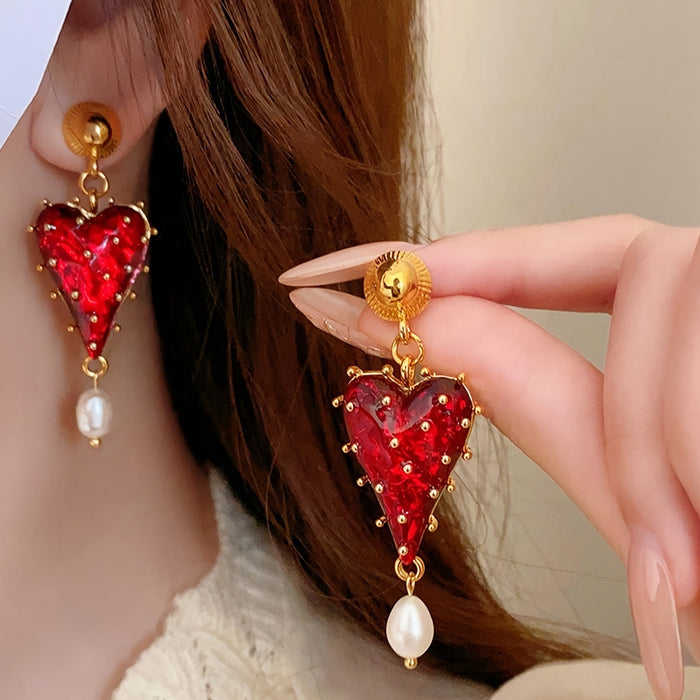 Wholesale Semi-transparent red tassel heart-shaped earrings