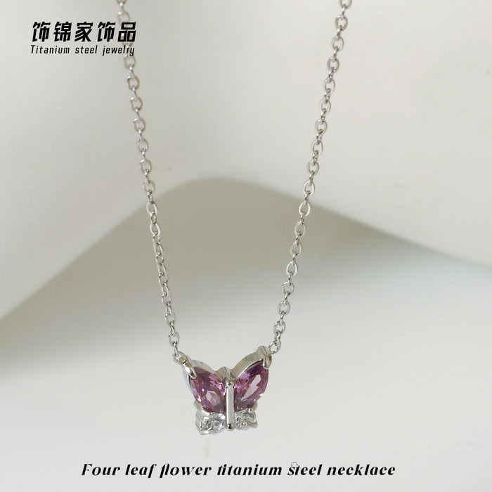 Wholesale Gold Butterfly Zircon Pendant Necklace Titanium Steel Fashion Jewelry MOQ≥2