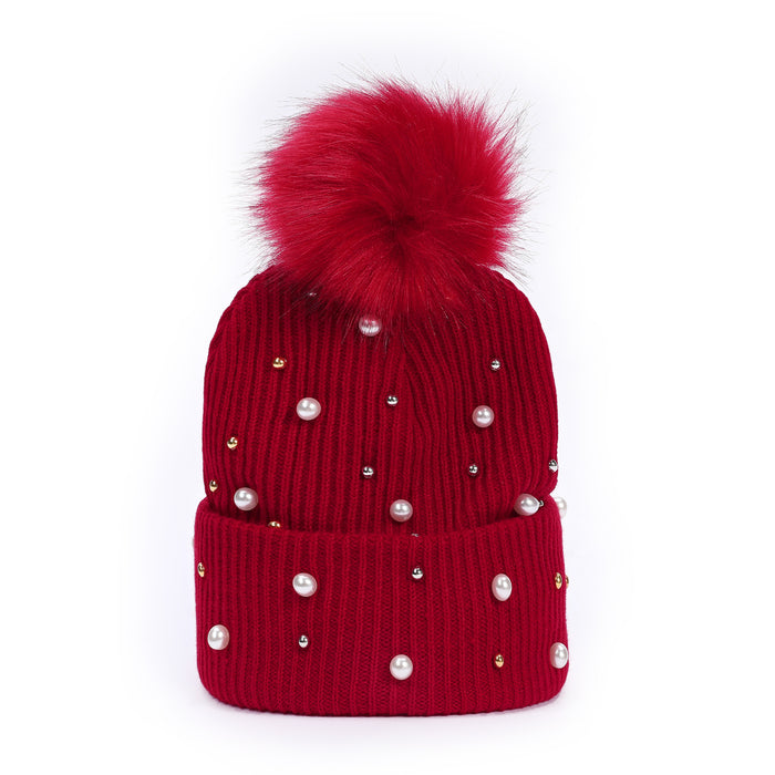 Wholesale Studded Pearl Knit Hat Pom-Pom Hat Outdoor Casual Warm Hat Breathable and Warm