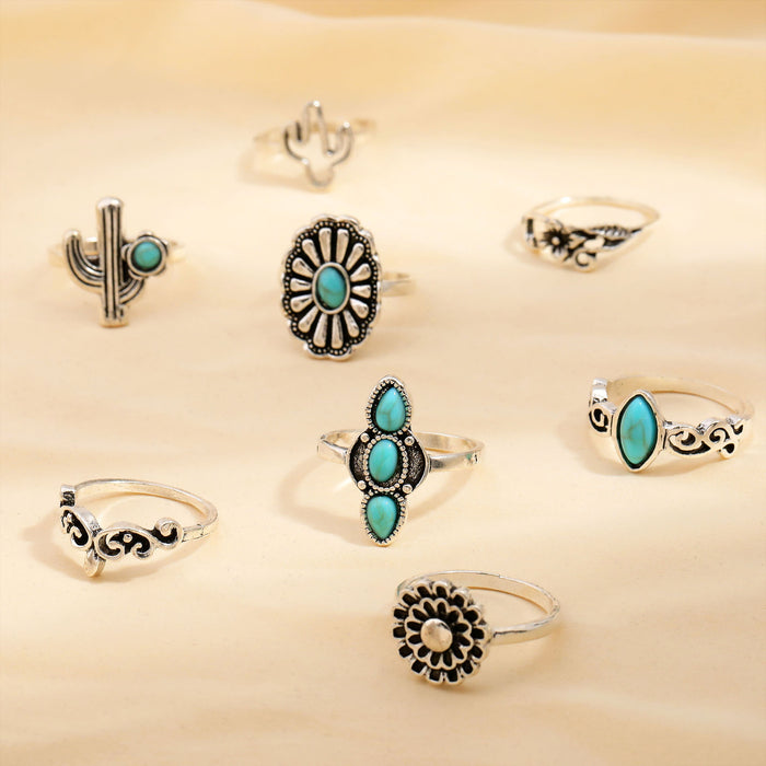 Wholesale Retro Turquoise Cactus Flower 8-Piece Set Rings