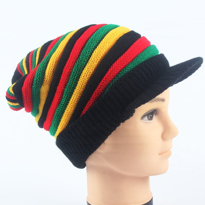 Wholesale Beanie Hat with Brim Colorful Stripes Long Rainbow Acrylic Knitted Beanie Hat JDC-FH-LvH017