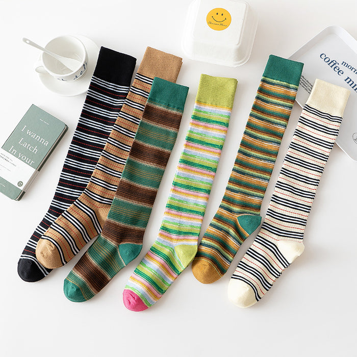 Wholesale Women's cotton calf socks with striped pattern, cute and personalized design, versatile long tube women's socks