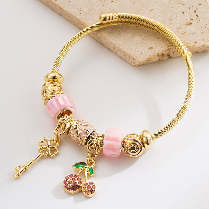 Wholesale Cherry heart key pendant stainless steel diamond-encrusted adjustable bracelet