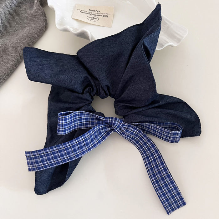 Wholesale A niche retro blue checkered bow square scarf with a low ponytail style, headband, headband, and hair accessories