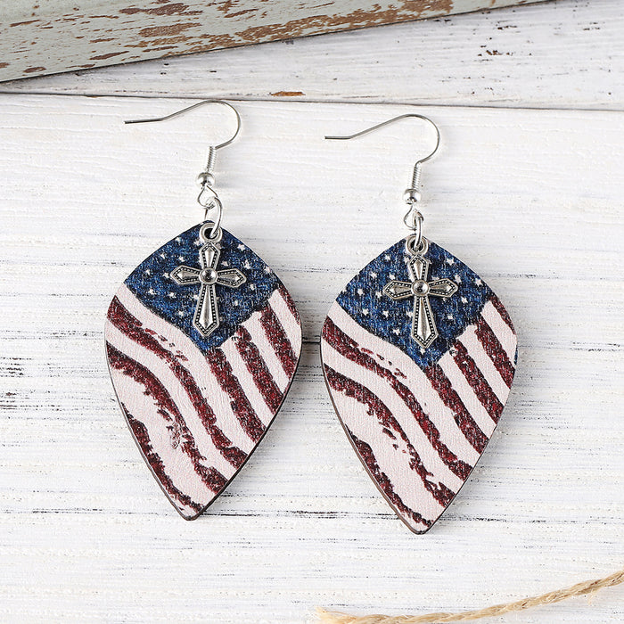 Wholesale Independence Day distressed red,  white and blue flag cross pendant earrings wooden double-sided earrings