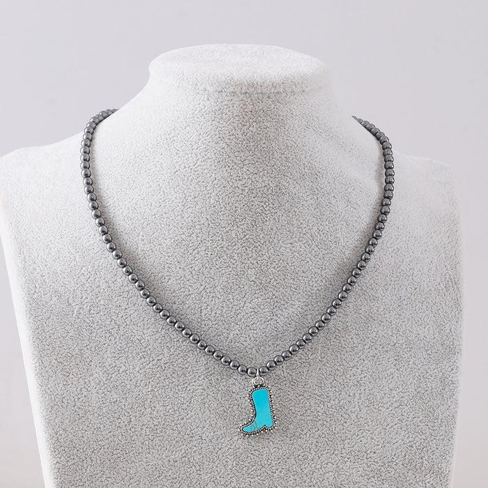 Wholesale Fashionable black round bead necklace for women,  cowboy boots with bull head and five-pointed star ornaments