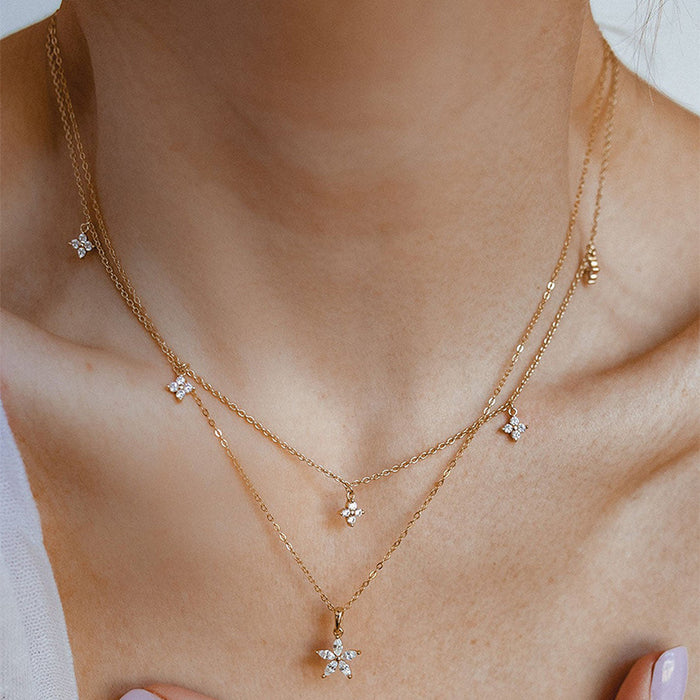Wholesale New minimalist jewelry alloy diamond studded pentagonal star necklace, personalized flower multi-layer necklace