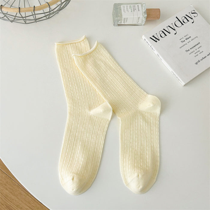 Wholesale Thin socks, children's summer hollow mesh pile socks, rolled edge socks, solid color mid tube socks