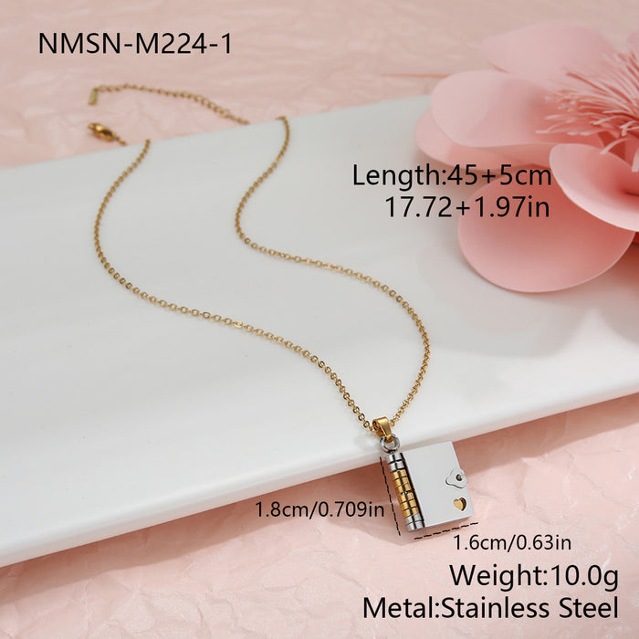 Wholesale Valentine' s Day-themed envelope-shaped stainless steel necklace with heart-shaped elements and rhinestones.