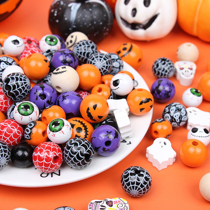 Wholesale 50PCS Halloween Colorful Witch Pumpkin Ghost Face Wooden Beads JDC-BDS-TianYue023