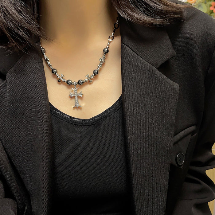 Wholesale Small niche design titanium steel zircon cross splicing necklace, sweet and versatile sweater chain