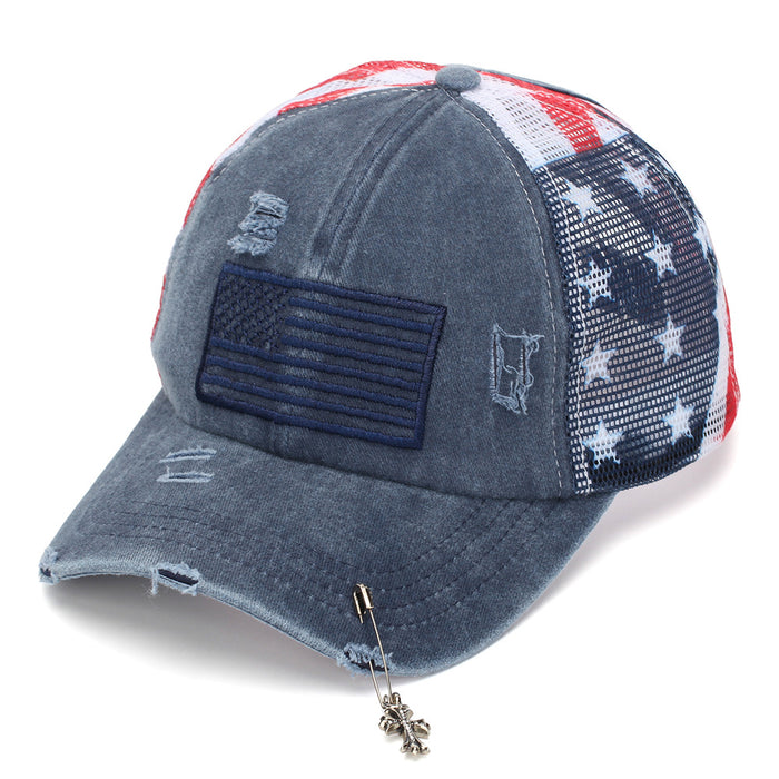 Wholesale Retro American Flag Trucker Cap with Cross Pendant,  Stylish Baseball Hat for Summer