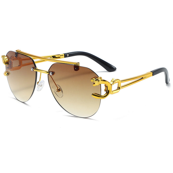 Wholesale Borderless leopard head double beam sunglasses with personalized cut edges, trendy and versatile sunglasses