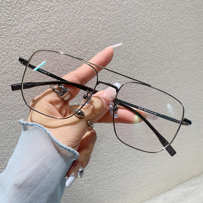 Wholesale Large frame pure titanium wire double beam eyeglass frame, myopia can be matched with degree anti blue light flat lens
