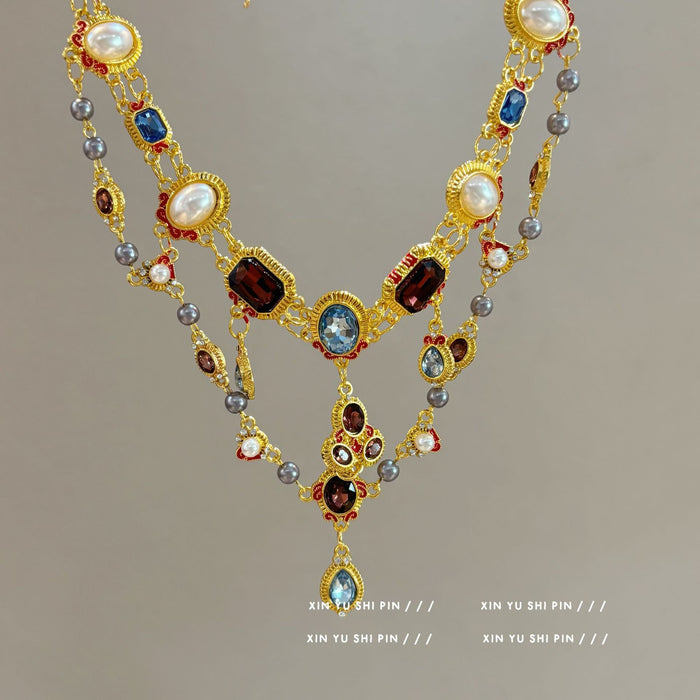 Wholesale Retro colored rhinestone pearl necklace with tassel, double layered collarbone chain, neck chain