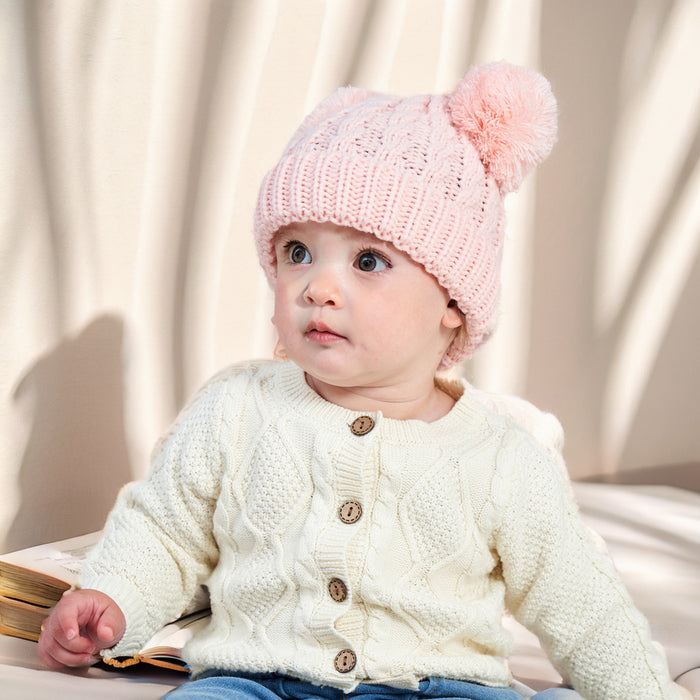 Wholesale Solid Color Twist Yarn Double Ball Children' s Hat in Stock for Autumn and Winter,  Warm Baby Pullover Hat