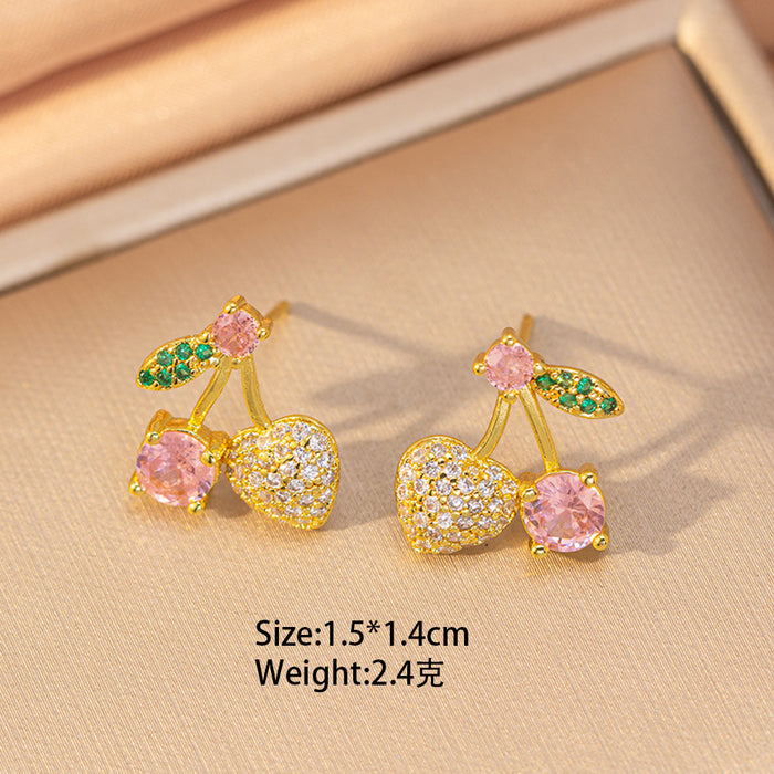 Wholesale Diamond Cherry Necklace Women's Earrings Titanium steel choker necklace Set
