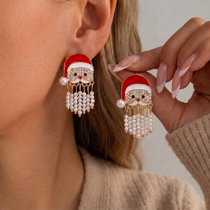 Wholesale Christmas Santa Hat Tassel Earrings Pearl Rhinestone Long Drop Alloy Jewelry Accessory for Holiday Party