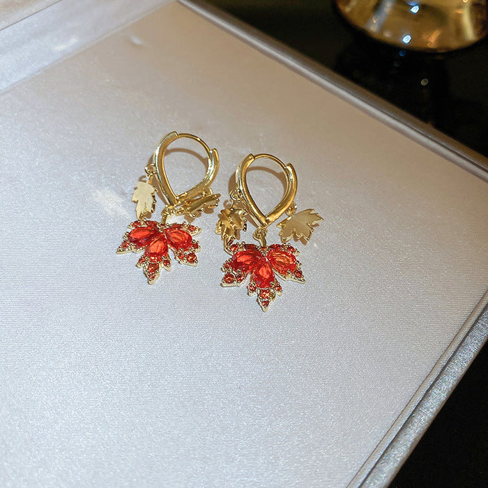 Wholesale Earrings Alloy Pearl Zircon Red Maple Leaf Double Layer JDC-ES-BY344