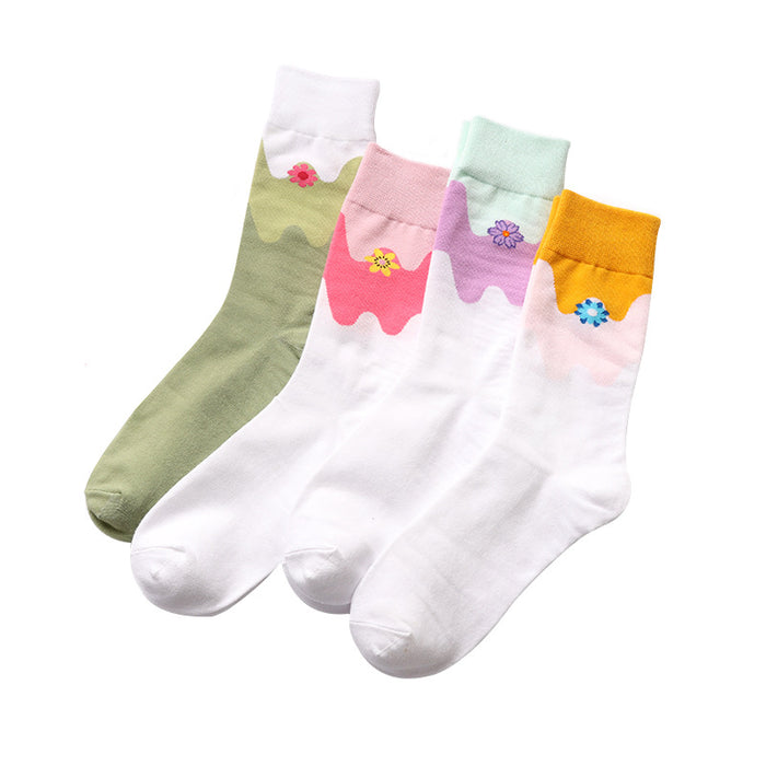 Wholesale Color blocked design with a minimalist mid tube cotton socks, fresh and thin women's socks