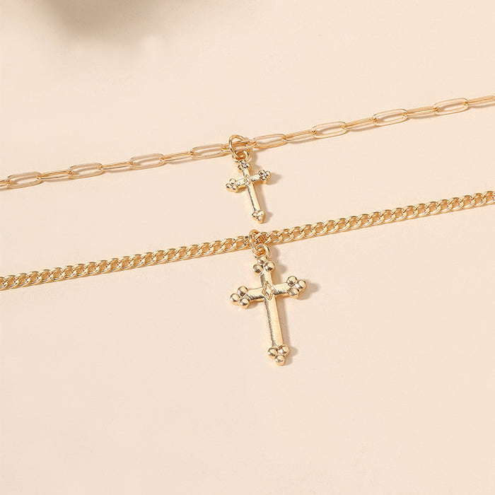 Wholesale Exaggerated jewelry, niche alloy chain pendant, simple cross, multi-layer necklace, women's collarbone chain wholesale