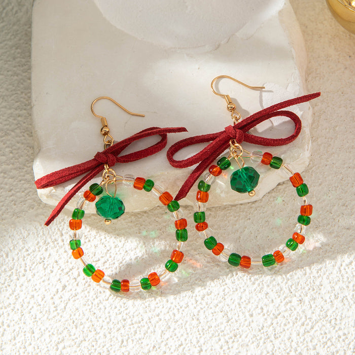 Wholesale Christmas Bow Glass Bead Earrings Handmade Jewelry Accessory MOQ≥2