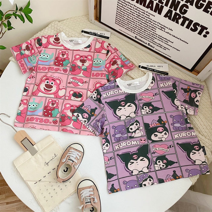 Wholesale Girls' summer short-sleeved cartoon full printed top cute loose all-match children's T-shirt