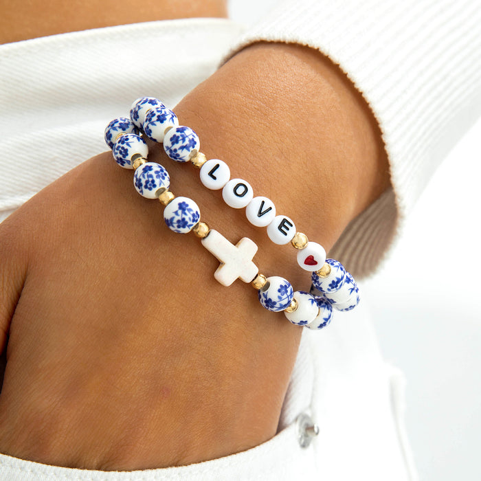 Wholesale Chinese Vintage Ceramic Bead Bracelet with Alphabet Cross Design Fashion Accessory Gift MOQ≥2