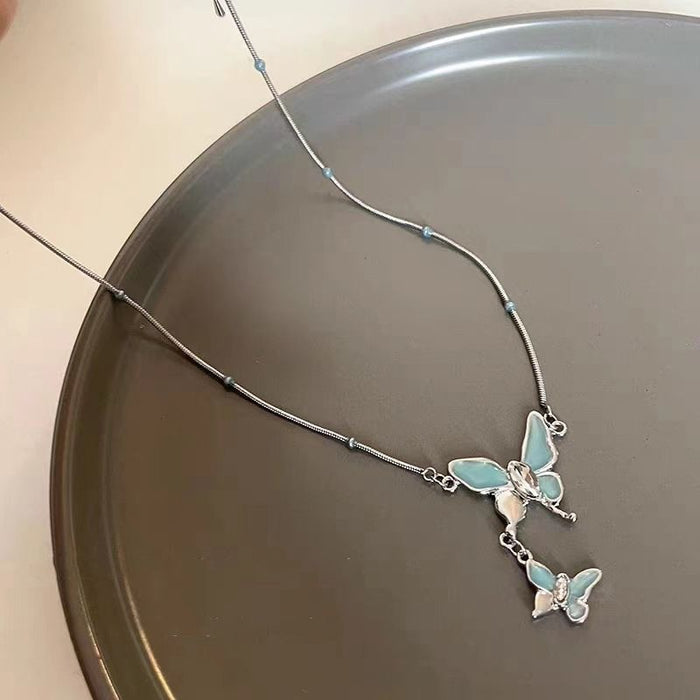 Wholesale Blue Butterfly Moonstone Splicing Necklace Neck Chain Feel Clavicle Chain Light Luxury Niche Neck Chain Accessories