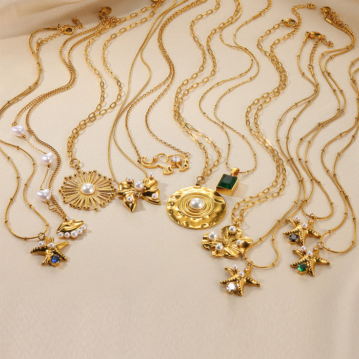 Wholesale Elegant Necklace Five-pointed Star Zircon Pearl Clavicle Chain  Titanium Steel