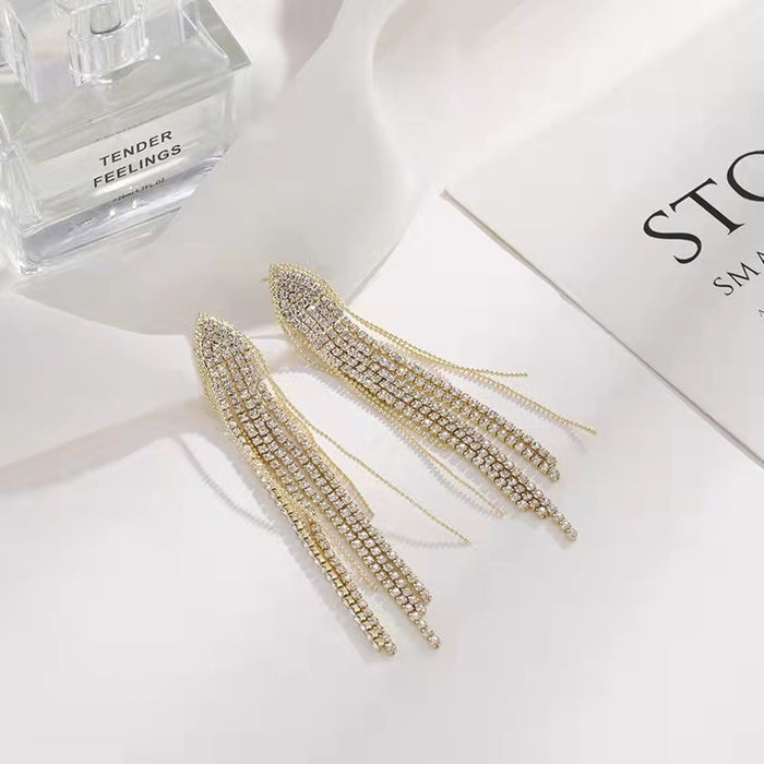 Wholesale  Long Tassel Geometric Triangle Full Drill Earrings Ear Clips S9225 Needle