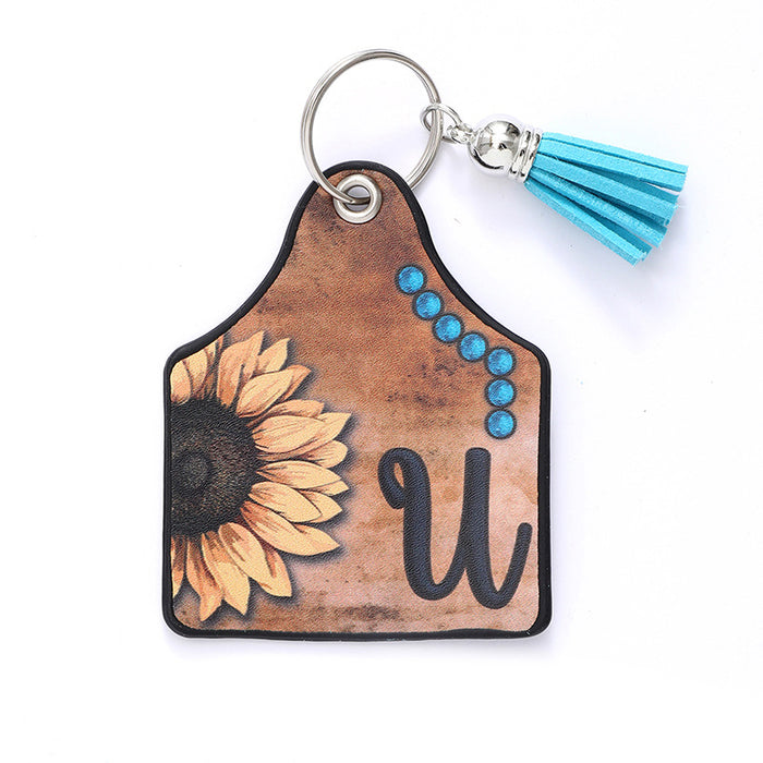 Wholesale Leather Sunflower Letter Tassel Keychain Pendant